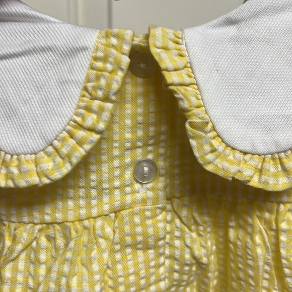 NEW Vintage Seersucker 12 Month Yellow White Plaid Flower Collared Dress Prairie - Picture 3 of 6